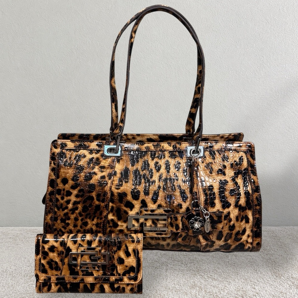 Vtg 90s Y2K Guess Cheetah Leopard Satchel Shoulder Bag Wallet Set Charm Purse